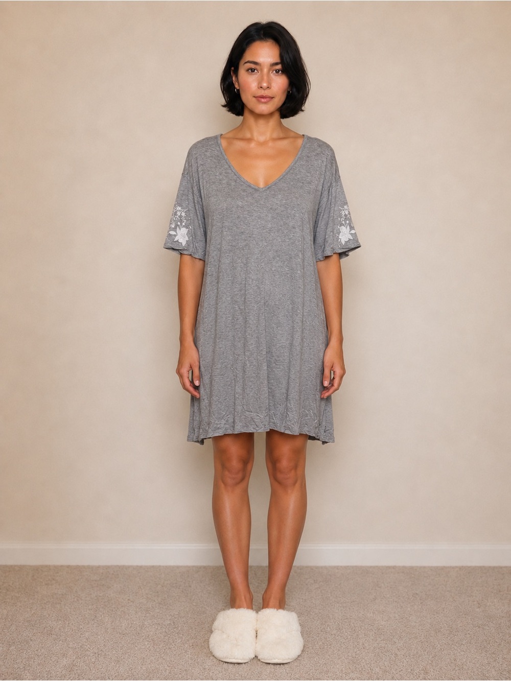 Honeydew Intimates Gray V-Neck Short Sleeve Nightshirt with Floral Sleeves